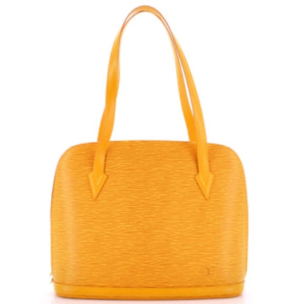 Guaranteed Auth Louis Vuitton Lussac Handbag Epi Leather yellow with purple